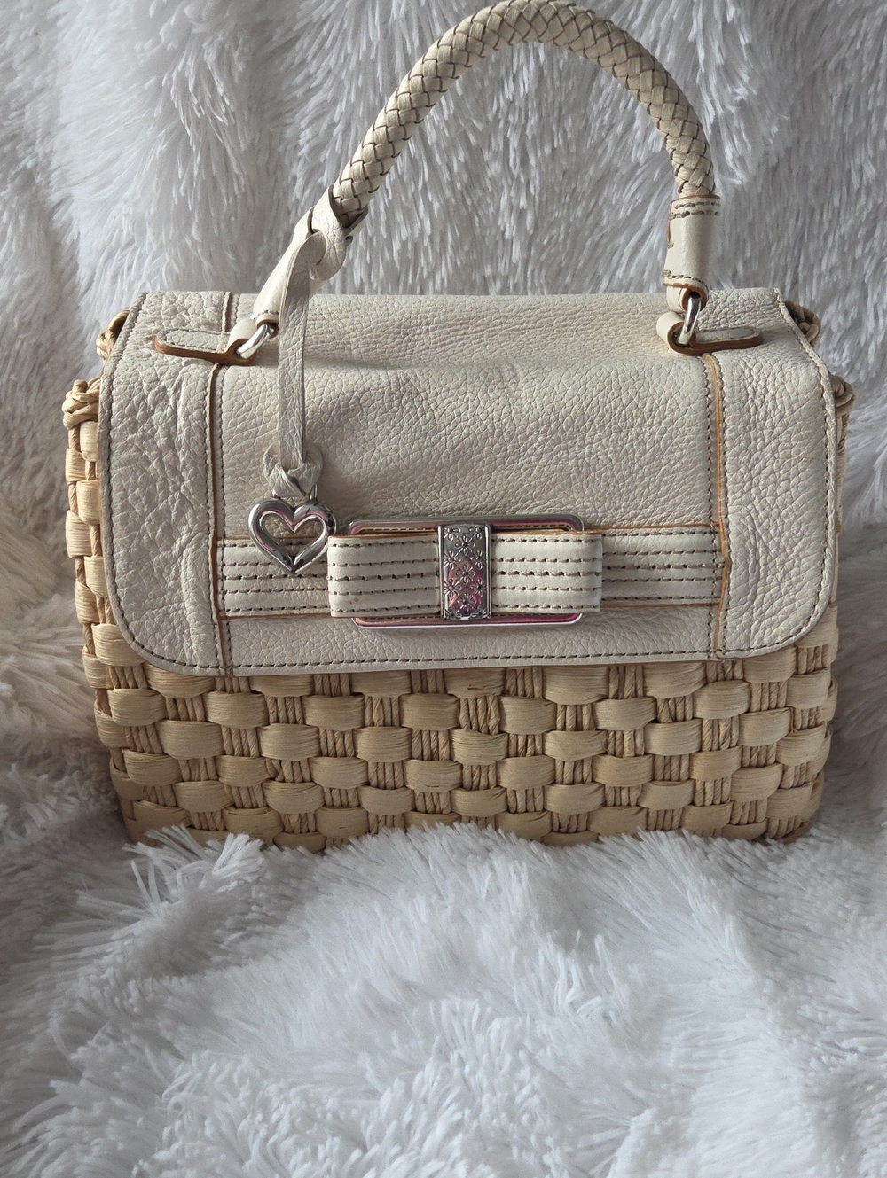 Cream Woven Top-Handle Brighton Women’s Bag with Heart Charm